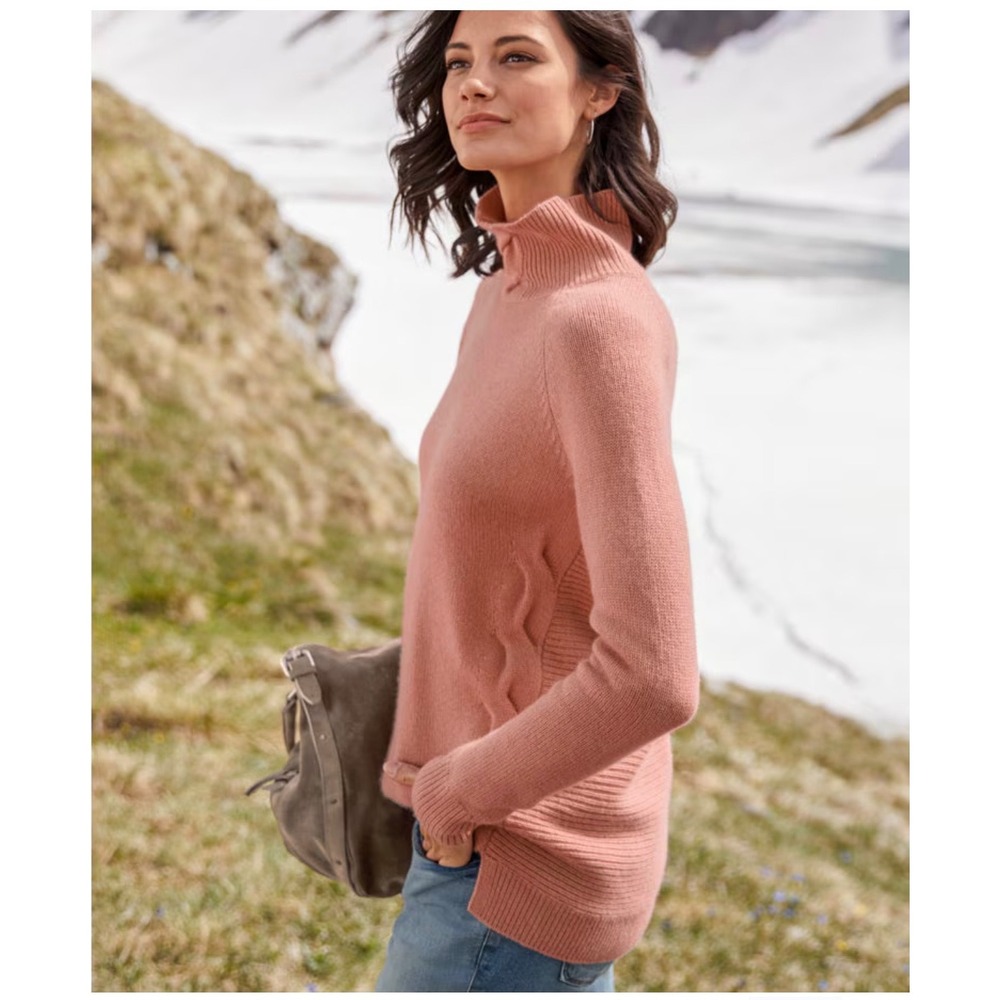 Garnet Hill Cashmere Turtleneck Women M Dusty Pink Oversized Cable Knit Ribbed